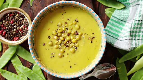 Green Pea Cream Soup in Grey Bowl