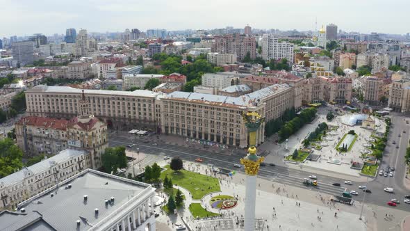 Aerial View of the Kyiv Ukraine Above Maidan Nezalezhnosti Independence Monument