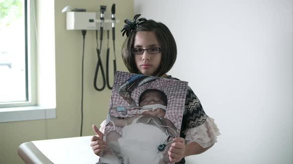 Slow motion of young girl holding up photo of herself when she was a baby in the hospital.