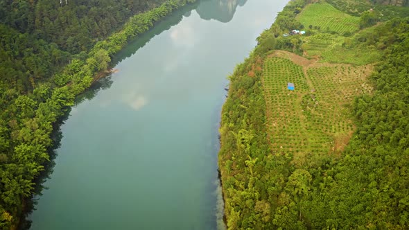 Aerial of the rock formations and towns along the Li River in China