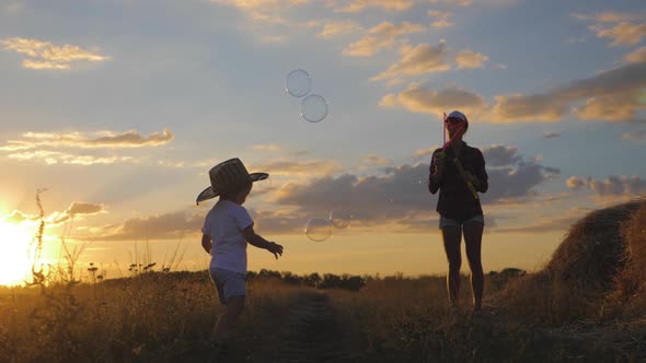 Young Mom and Little Son in the Sunset Catches Soap Bubbles in Meadow. Relax with Child in Nature