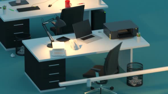 Office desks tranformation during the night. Business, workplace background.