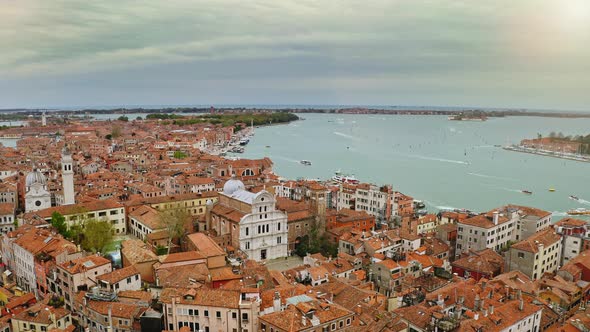 Aerial View of Beautiful Old Historic City on Bank Wide Water Channel Venice Italy Picturesque