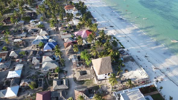 Aerial View of Houses Near the Coast in Zanzibar Tanzania Slow Motion