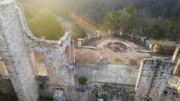 Epic Aerial Footage of Medieval Castle Ruins, Sunrise Sun Flares