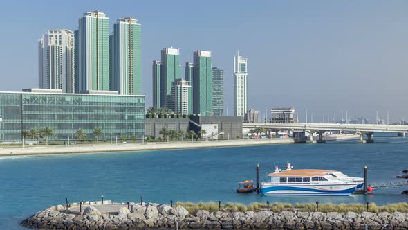 Modern Buildings in Abu Dhabi Skyline Timelapse with Waterfront