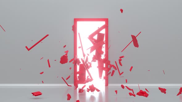 Broken red door on white background