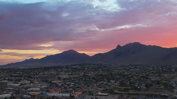 Aerial Drone Shot Of Franklin Mountains Seen From West El Paso Texas During Beautiful Colorful Sunri