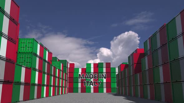 Many Cargo Containers with MADE IN ITALY Text and Flags