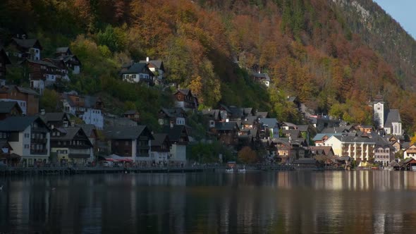 Autumn Colors in Famous Tourist Destination Idillyc Town Hallstatt in Austrian Mountain Alps