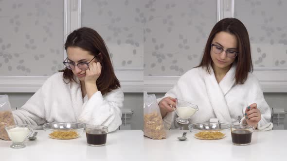 A Young Woman in a White Coat is Eating Cereal and Drinking Coffee Sleepy and Cheerful