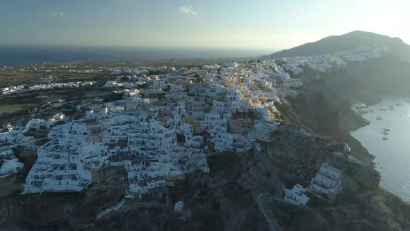 Aerial View Flying Over City of Oia on Santorini Greece