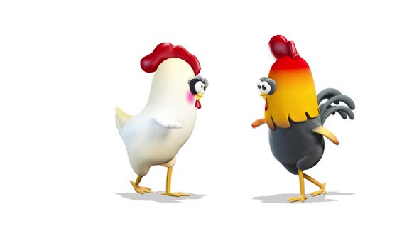 Chiken And Rooster Are Dancing A Hip Hop Dance on White Background