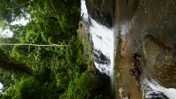 Vertical Video Small Cascade Waterfall in Mountain River in Tropical Forest
