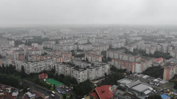 Aerial View of Vast Apartment Blocks in Europe on a Foggy Day