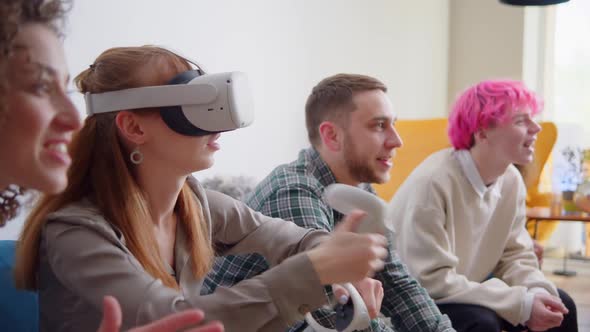 Exited Woman in VR Helmets at Home