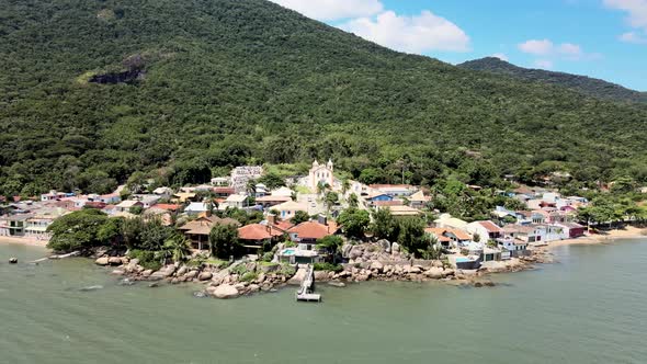 Aerial drone view of Portuguese colonial historic neighborhood with old Brazilian church of Portugue