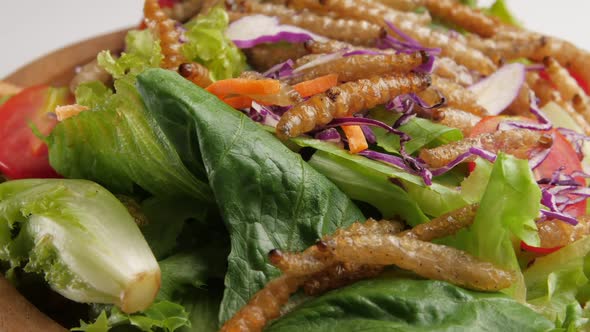 Vegetable salad with fried bamboo caterpillar in a wooden bowl.