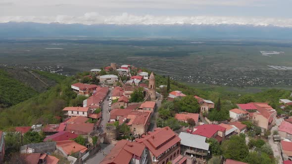 Aerial view of beautiful city of love Sighnaghi. Georgia 2019 spring