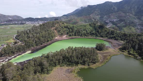 Aerial view of Telaga Warna lake in Dieng Wonosobo, Indonesia