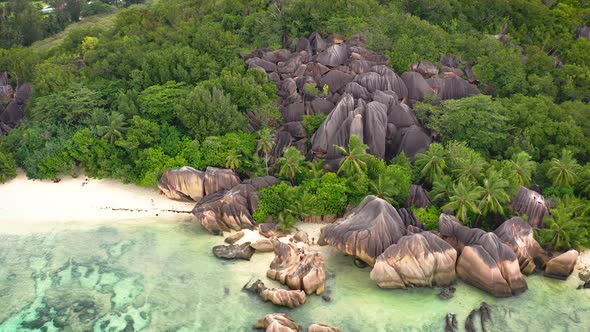 Flying Above Anse Source D'argent Beach at the La Digue Island Seychelles