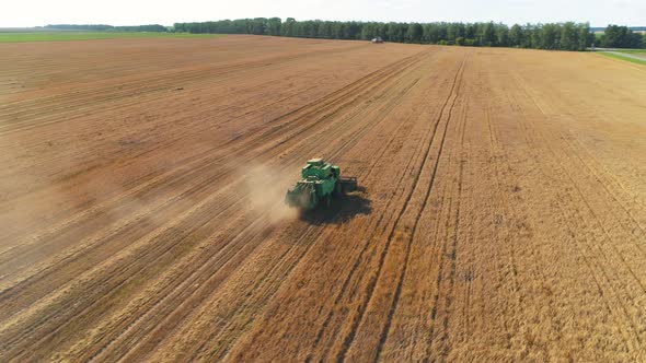 Aerial View of Wheat Harvesting with Modern Combine