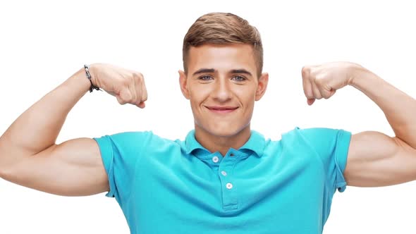 Young Sportive Man Laughing Showing Muscles Over White Background Slow Motion