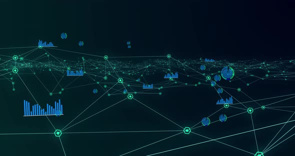 Glowing network of connections and graphs moving against black background alt