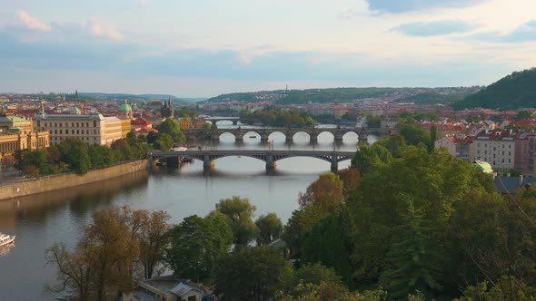 Pan Left of Historic Bridges on the Vltava River in Prague