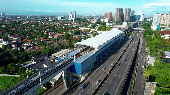 Aerial view of Jakarta LRT train trial run for phase 1 from Pancoran