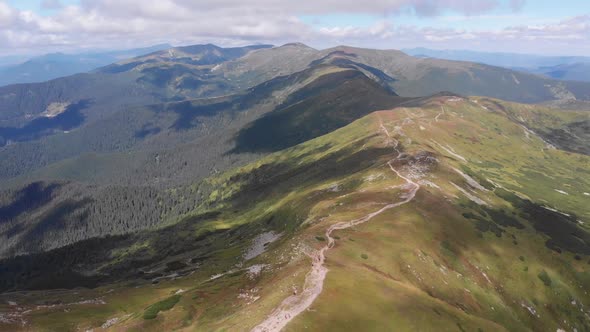 Aerial Panoramic View of Top of Carpathian Mountain Range with Trails. Hiking