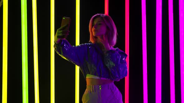 Portrait Young Stylish Woman Takes Selfies Her Phone