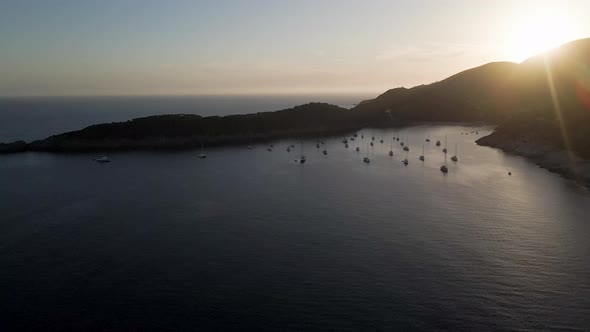 Aerial view of Lacona bay at sunset, Elba Island, Tuscany, Italy.