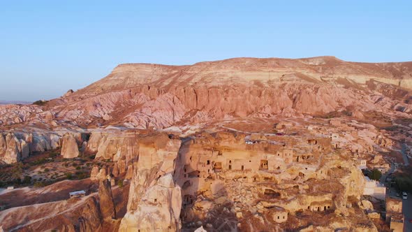 Cappadocia Aerial Drone View to Sunset Red and Rose Valley Rocks Goreme Turkey