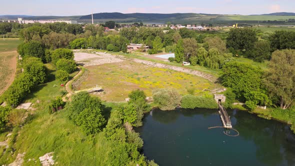 Aerial view of a swimming pool in the town of Tornala in Slovakia