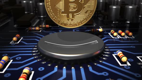 Putting Bitcoin Into Coin Slot Like A Computer Processor On Motherboard alt