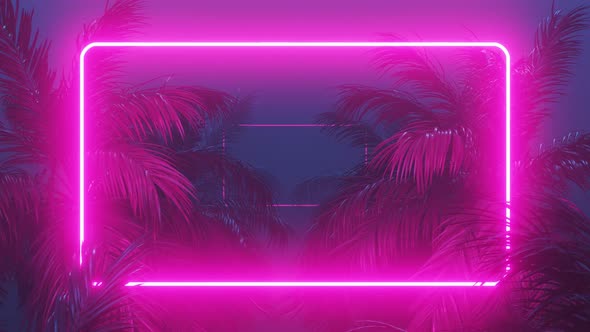 Retrowave Glowing Rectangle Frame Appears in the Tropical Palm Tree Zoom in