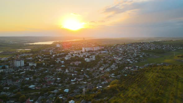 the Drone's Flight Over the Beautiful European Village with a Formidable Sunset in  and HDR