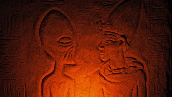 Ancient Alien Wall Carving Lit Up Inside Tomb