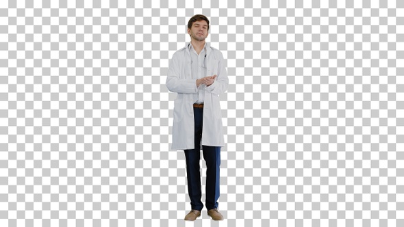 Male doctor talking to camera explaining something, Alpha Channel