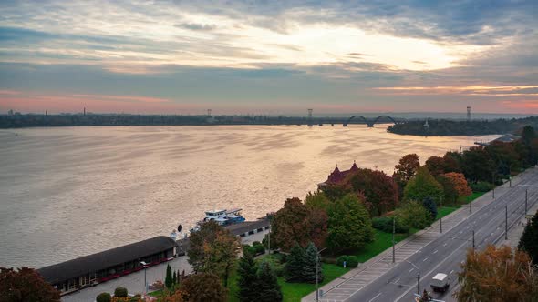 Timelapse  Sunrise of Cityscape Big City Dnipro of Ukraine Popular Tourist Attractions in Ukraine