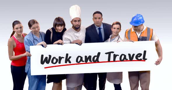 Various professional holding placard of work and travel text