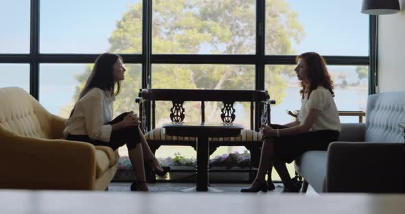 Two businesswomen having a friendly meeting in a hotel lobby. Real time, long shot.