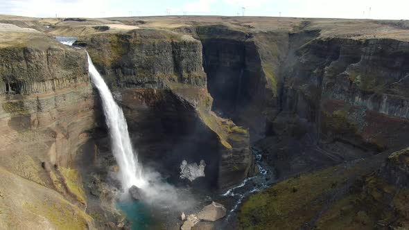 Aerial view of Haifoss waterfall near Hekla volcano in Iceland