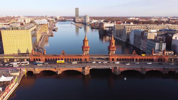 Beautiful Oberbaum Bridge Over River Spree in Berlin From Above  Aerial View