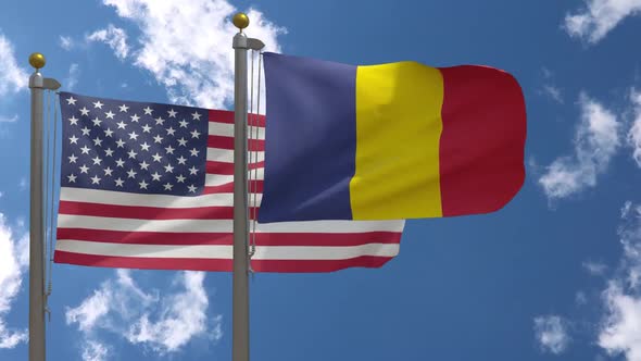 Usa Flag Vs Romania Flag On Flagpole