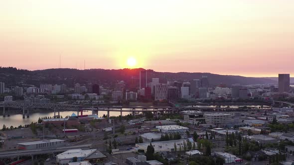 Downtown Portland Oregon skyline during golden hour at sunset.