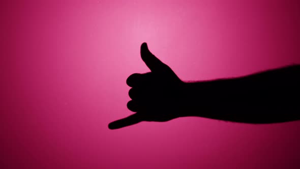 Shadow of Hawaiian Shaka Greeting Gesture Isolated on Pink Neon Background