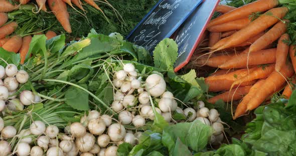 Fresh vegetables on stalls in a southern France market.