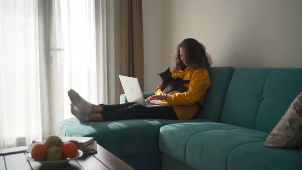 Young Woman Working the Home and Cuddling a Cat. 